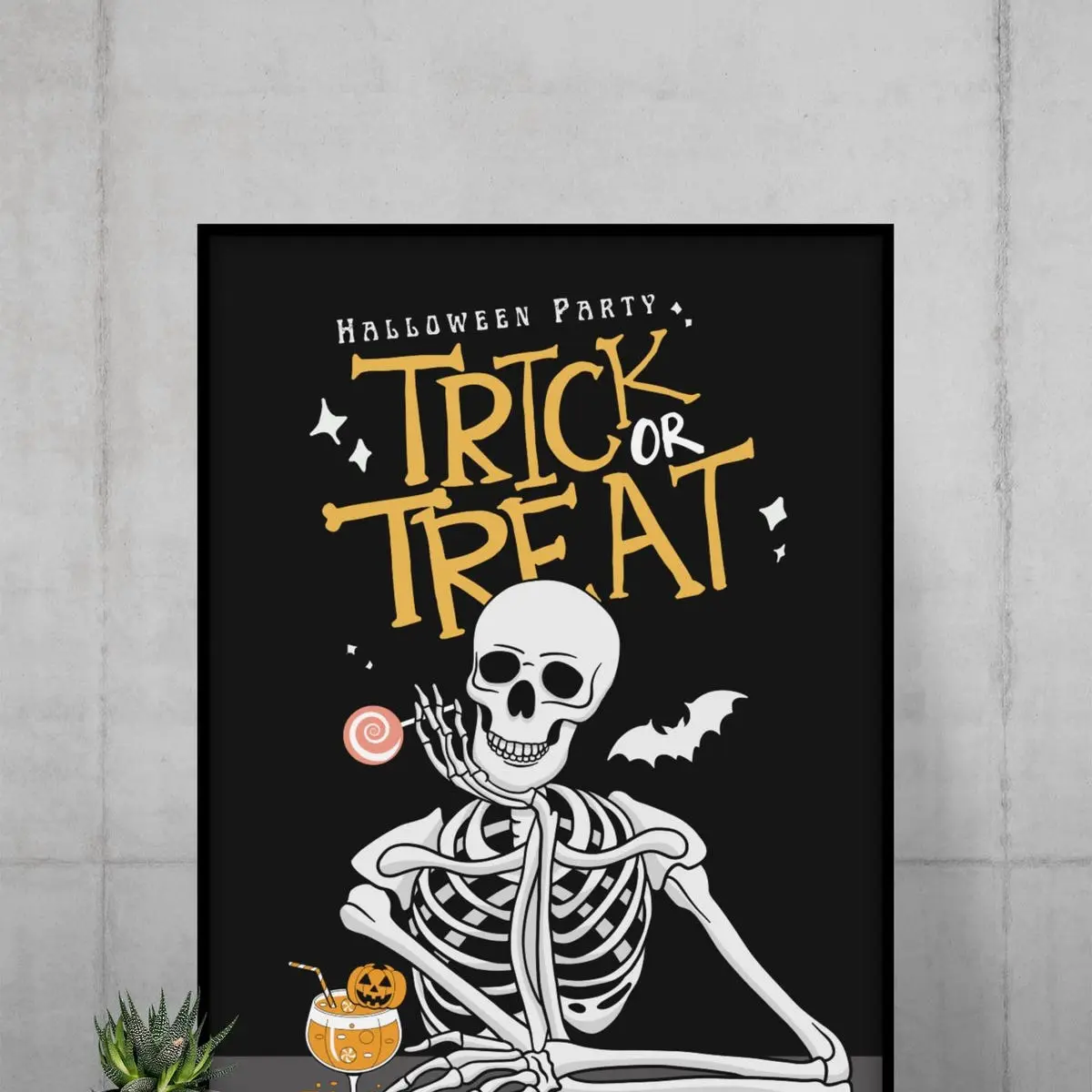 Funny Halloween Party Wall Art, Trick Or Treat Skeleton Poster, Gothic Skeleton Decor for Halloween Night, Spooky Retro Print, Un, Room Decor, Unframed – 5 Size, 8x12 to 27x40 inch
