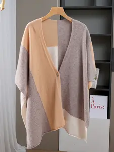 Women's 100% Pure Wool Colorblock Knit Shawl Cape, Multi-Functional Scarf Wrap Jacket for Fall Winter, Fashionable Warm Outerwear