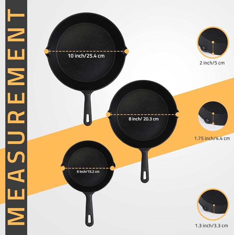Saute Fry Pan - Pre-Seasoned Cast Iron Skillet Set 3-Piece - Frying Pan - 6 Inch, 8 Inch and 10 Inch Cast Iron Set (Black)