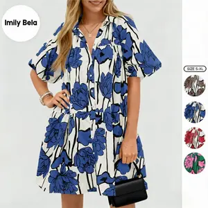 Imily Bela Women's Summer Button Down Shirt Dress Floral Puff Short Sleeve Casual Loose Fit Beach Mini Dresses