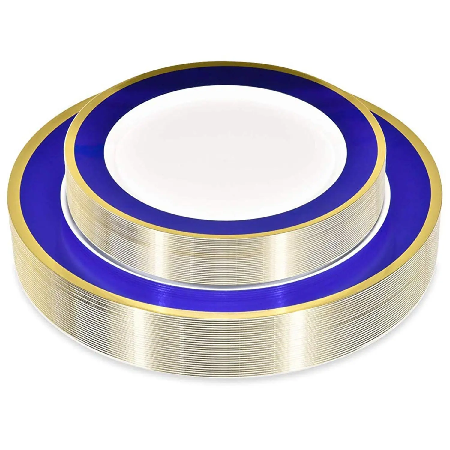 50 Piece Disposable Plates - Heavy Duty Plastic Dinnerware for Wedding Birthday Party Holiday Baby Shower - Includes 25 Dinner Plates and 25 Dessert Plates (Blue and Gold)
