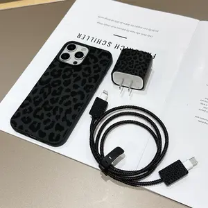 6 Piece Set Liquid Leopard Print Phone Case, Charger Head Cover, Cable Protector, Storage Rope, Data Line Protection, Cable Organizers, Accessories for iPhone 15/16 Series