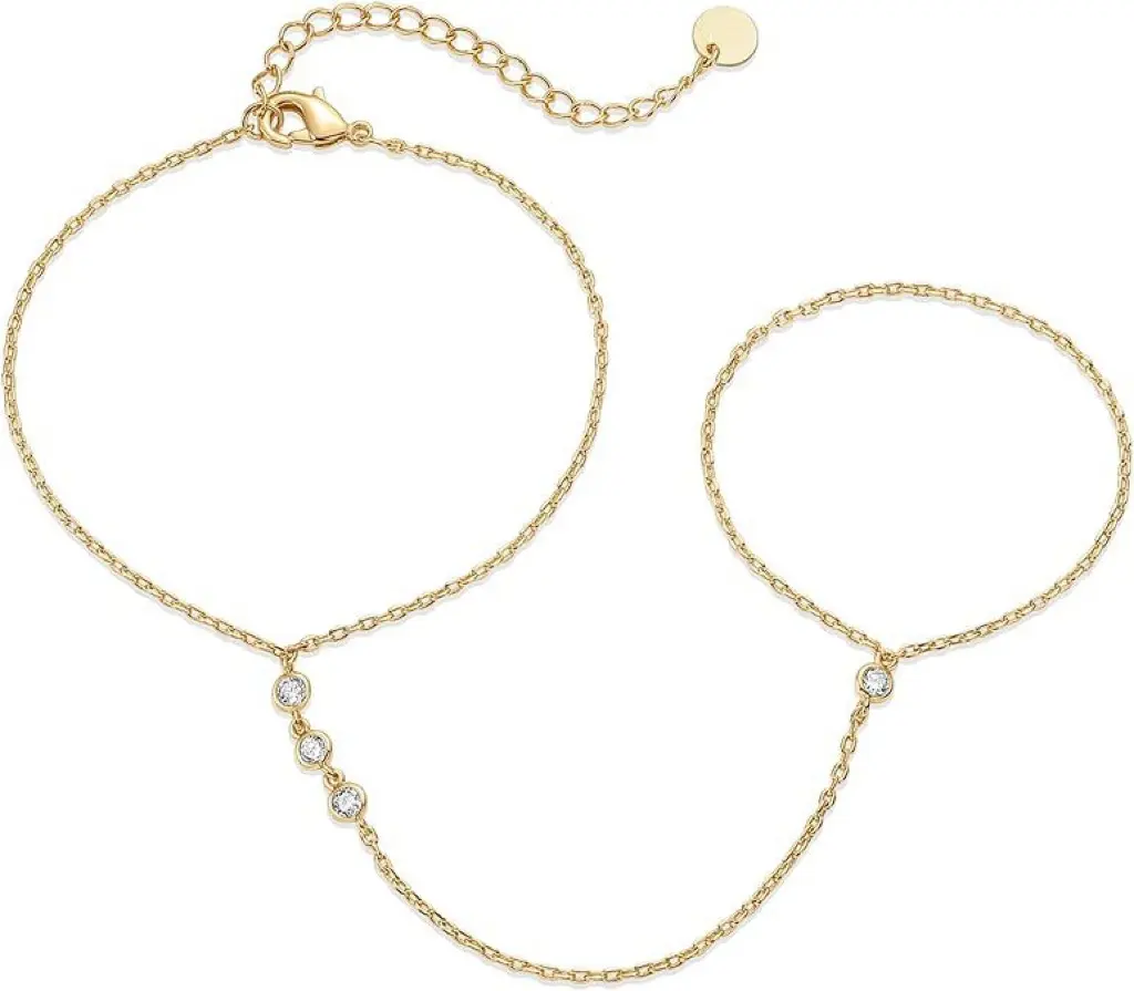 Elegant 14K Gold Plated Hand Chain Bracelet for Women, Dainty Cubic Zirconia Finger Chain Jewelry, Elegant Bracelet & Ring Connector, Lightweight Trendy Hand Jewelry Gift