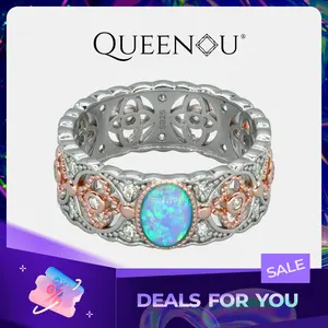【958】Dual-Tone Floral Openwork Ring: Synthetic Opal Center with Cubic Zirconia Border