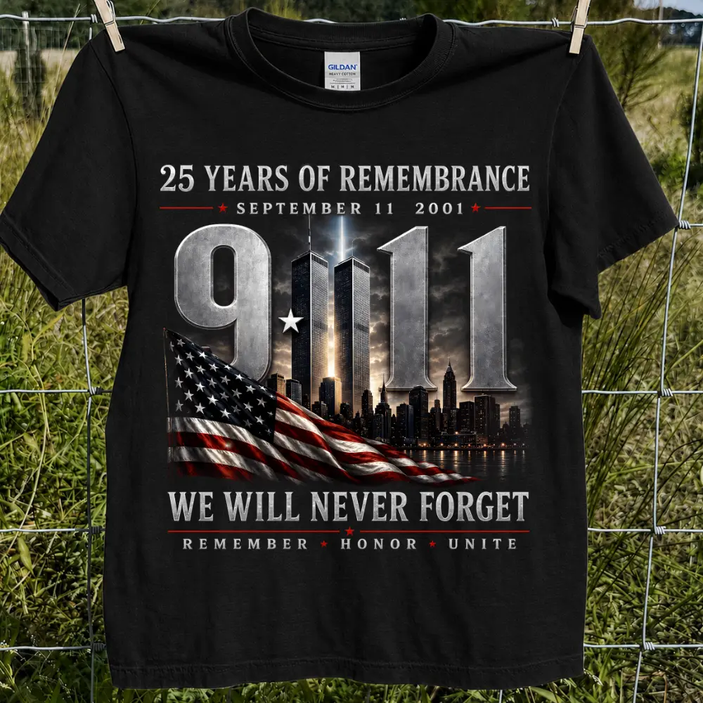 Women's Unisex Relaxed Fit Cotton Soft Top - 25th 9/11 Remembrance Tee, September 11 2001 Twin Towers American Flag Graphic, Honor Unite Patriot Shirt, USA Fast Shipping