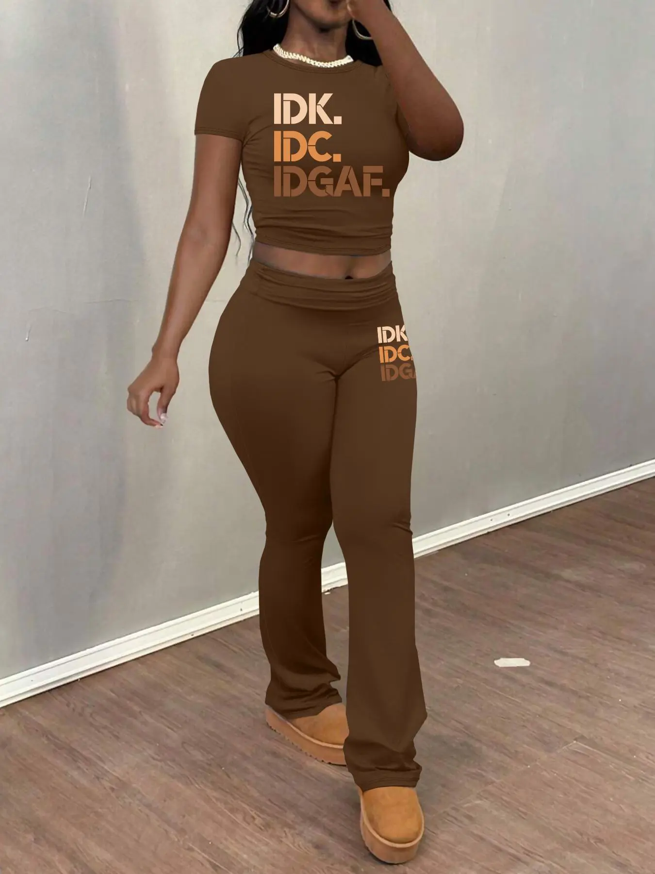 Women's Casual Spring & Fall, Short Sleeve Crop Top + Bell Bottom Pants Set Outfit, Fashion Print, Unlined, Plain Surface, Clothes