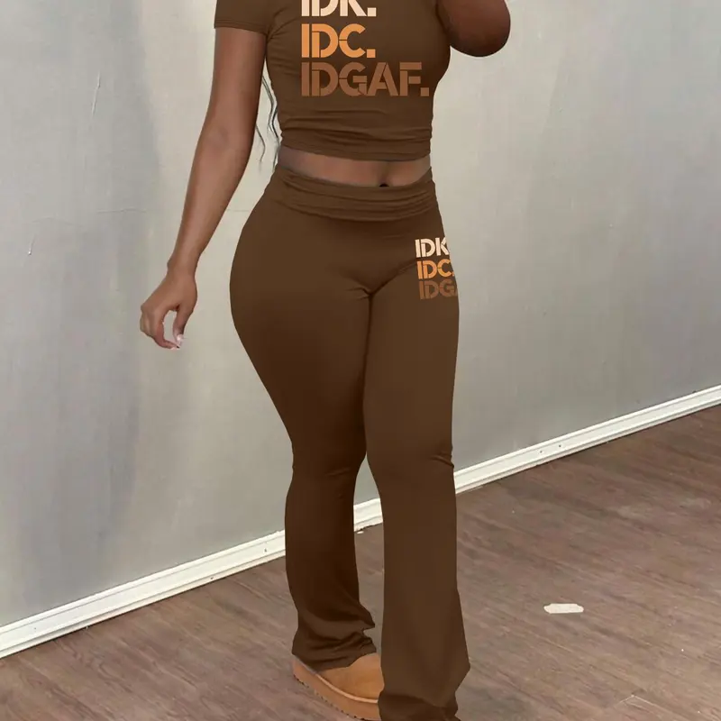 Women's Casual Spring & Fall, Short Sleeve Crop Top + Bell Bottom Pants Set Outfit, Fashion Print, Unlined, Plain Surface, Clothes