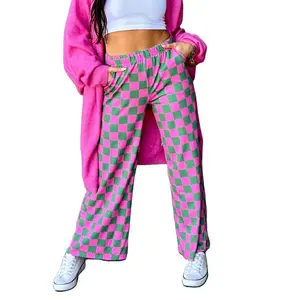 Women's Wide-Leg Pants Checkerboard Elastic Waist Loose Trousers Spring Summer Casual Plaid Sweatpants Bottoms Lady Womenswear Streetwear(Sheets)