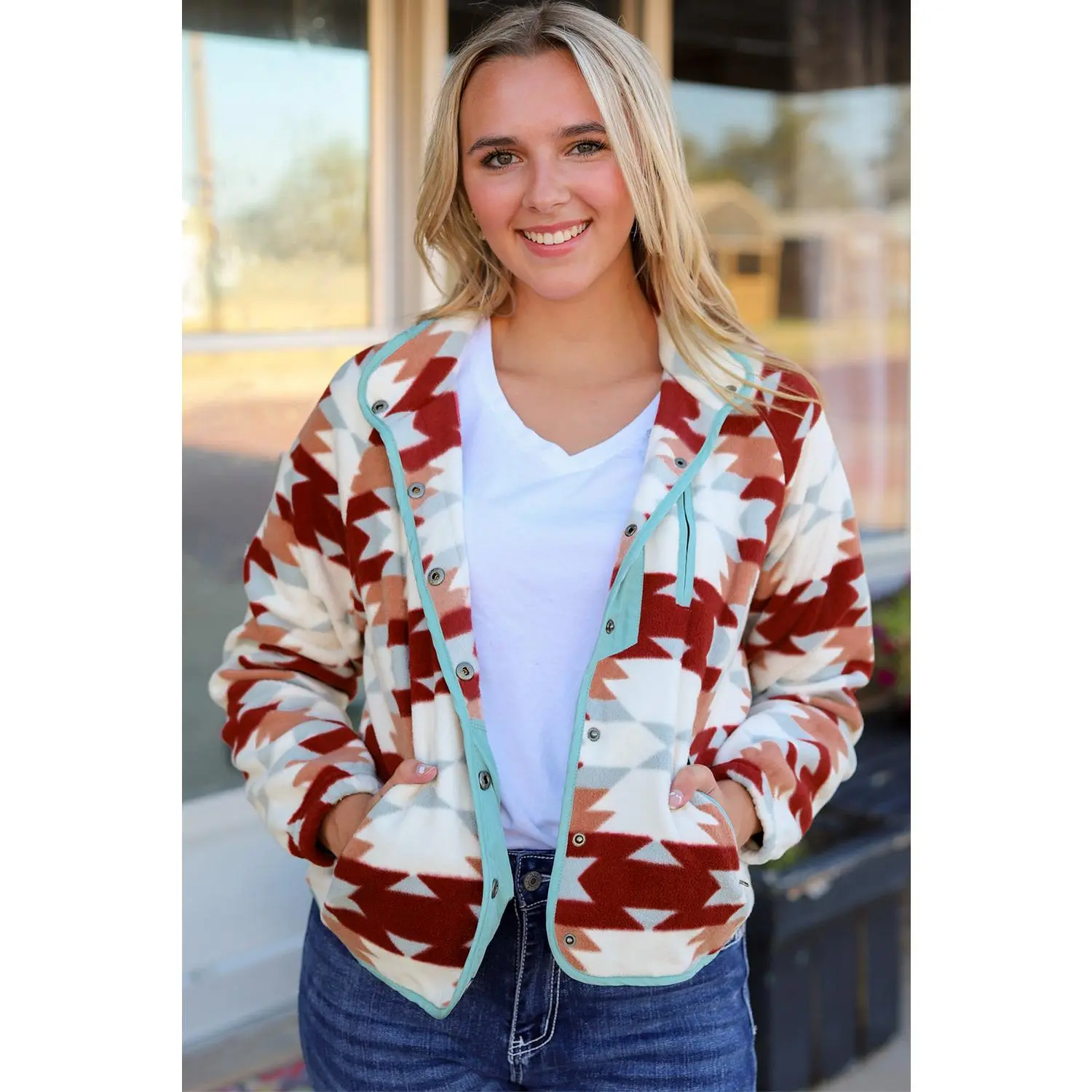 Fiery Red Western Aztec Buttoned Zipper Pockets Fleece Jacket