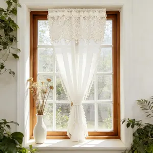 1PC Boho Style Linen Curtain with Tassel Elegant Floral Crocheted Curtain Valance Attached Rustic Sheer Curtain Valance for Bedroom Living Room Rod Pocket Top