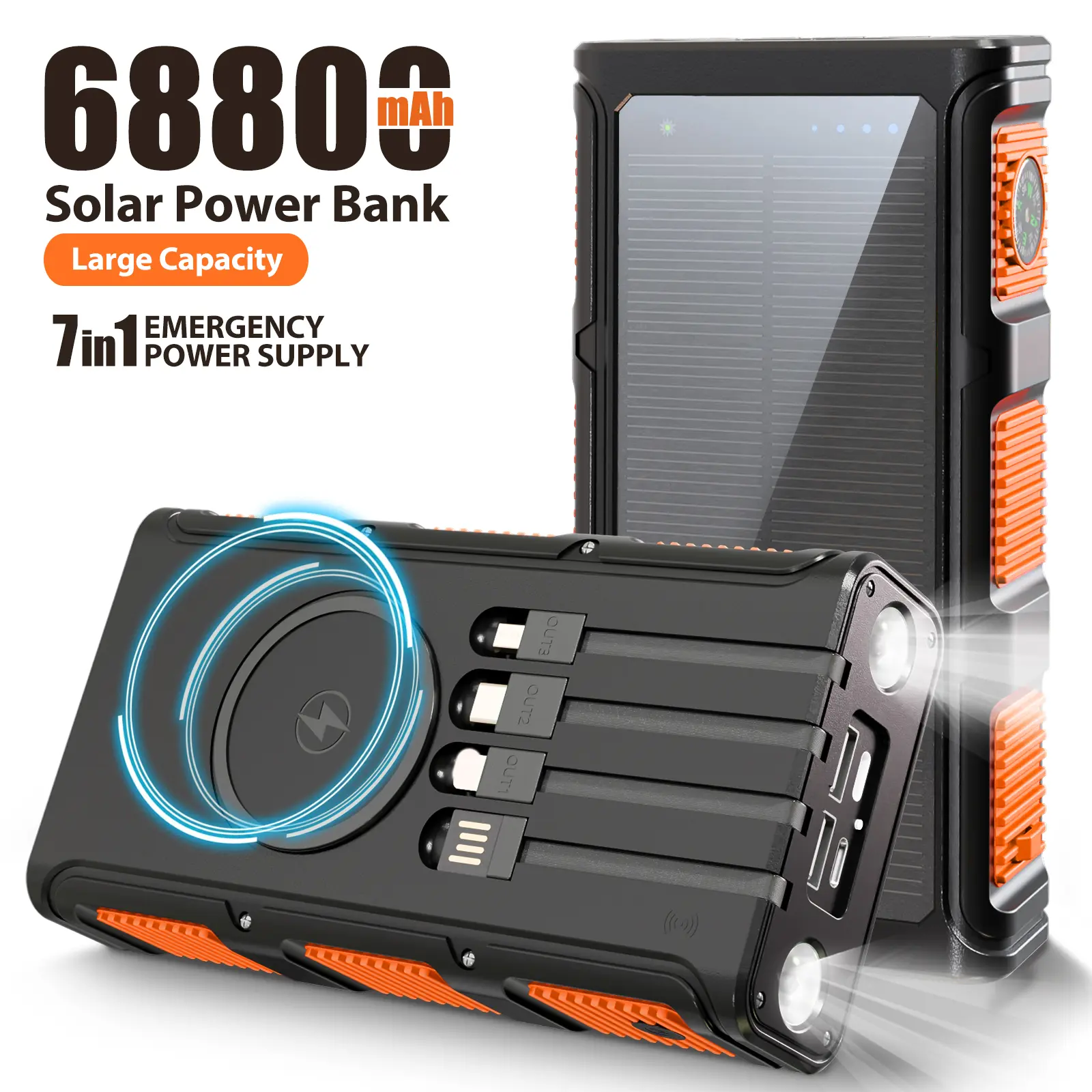 68800mAh Multifunctional High Power Solar Charger Power Bank - 15W Fast Wireless Charger with 4 Built-in Cables, 7 Outputs, Dual Flashlights, Compass - Portable Battery for Smartphones, On-the-Road EDC Gear