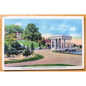 1936 Coles Hill and Plymouth Rock Portico Linen Postcard - Colorful Postcard - Antique Plymouth Rock Massachusetts Postcard