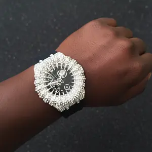 Men's Watch Black Silicone Band Simulated Diamond Iced Monster Teeth Design Bezel Quartz Movement Luxury Urban Silver Plated
