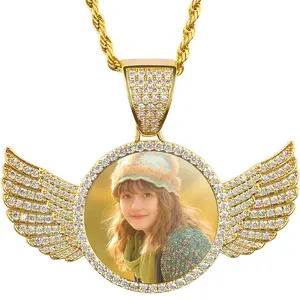 Picture Necklace Personalized for Mens Women - Custom Photo Angel Wings Circular Pendant - Customized Portrait Jewelry - Birthday Anniversary Memorial Gifts Wife Mother