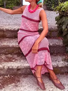 Women Sleeveless Crochet Long Dress, Ladies Striped Knitted Beach Cover-Up, Stylish Summer Casual Wear, Perfect for Vacation