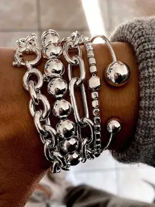 5pcs Chunky Chain & Beaded Bracelet Set, Vintage Silver Color Layered Stackable Bracelets, Mix Bracelets, Unisex Hip Hop Street Style Bold Statement Jewelry