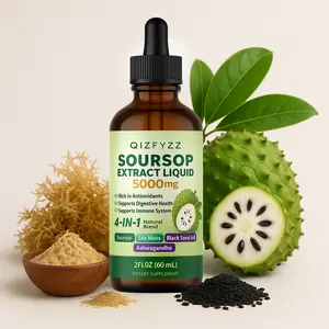 4-in-1 Soursop Bitters Liquid – a blend of Soursop, Sea Moss, Black Seed Oil, and Ashwagandha for immune, digestive, and cellular support. Naturally slightly sweet, sugar-free, non-GMO, and vegan. (2 fl oz)