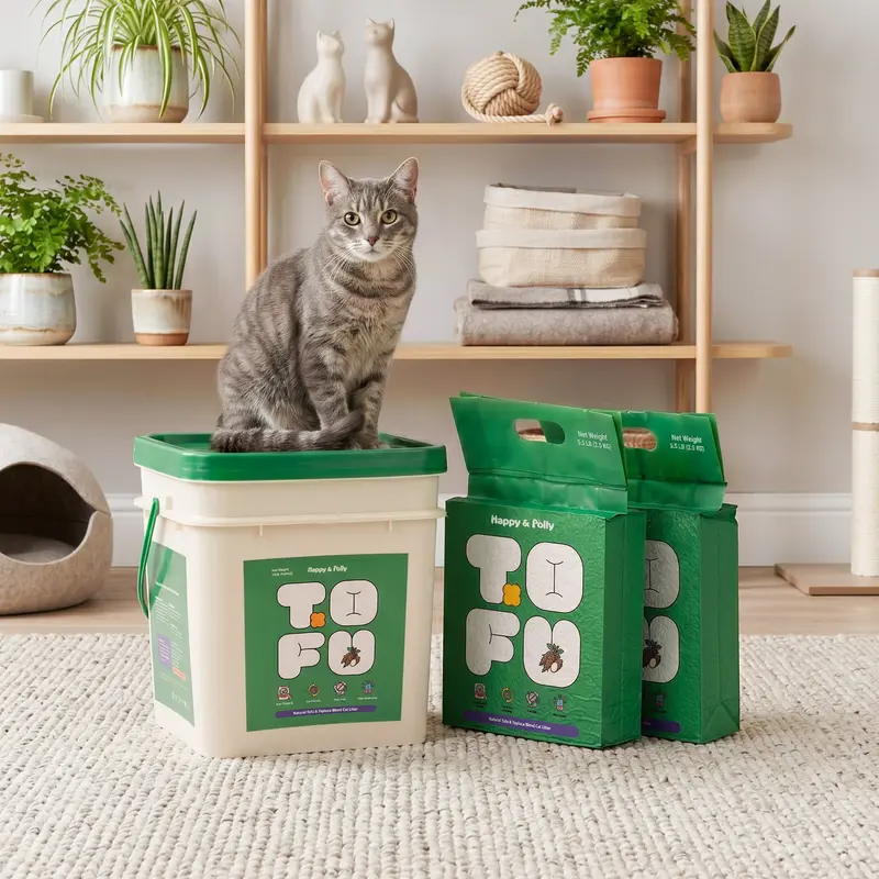 Happy & Polly Natural Blend Tofu & Cassava Cat Litter - Small Granules, Auto-Box Friendly, Ultra Low-Dust, Highly Absorbent, Clumping, Odour Control, Soft Tofu Texture Gentle on Paws, Ideal for Automatic Self-Cleaning Litter Boxes
