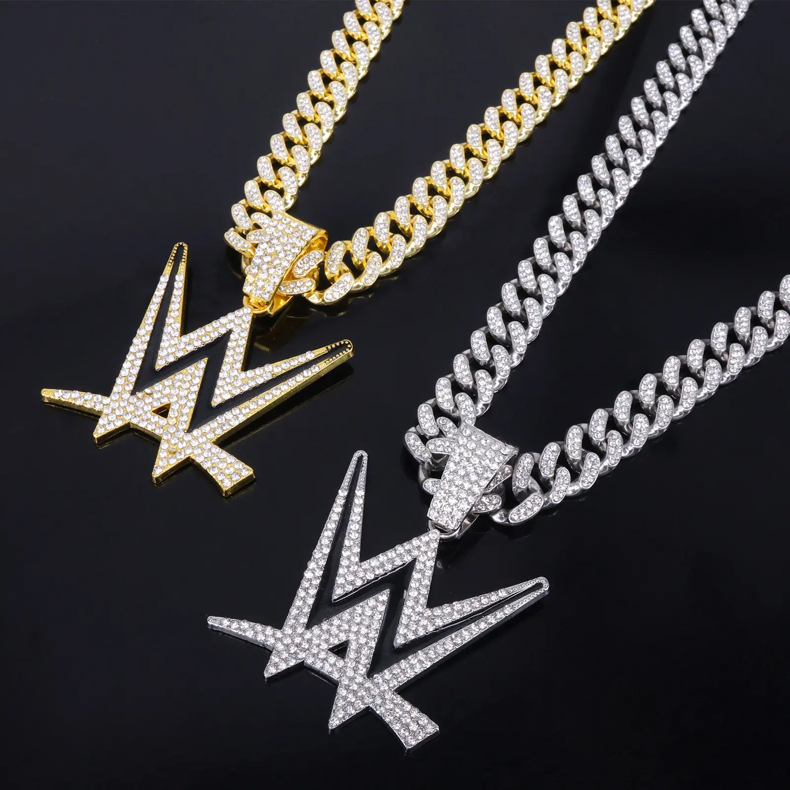 Diamond W Letter Pendant Necklace with Two-tone Shiny Diamond Cuban Chain Hip-hop Style
