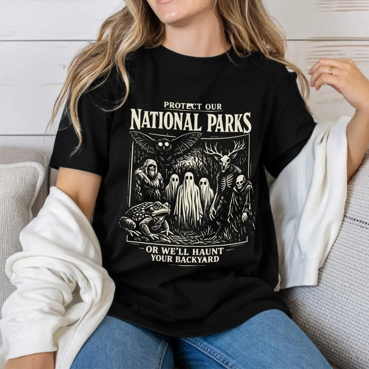 Comfort Colors Protect Our National Parks T-Shirt, Cryptid Tee, Bigfoot Mothman Ghost Wendigo Skull  zjr06