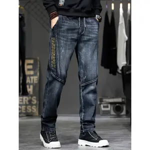 Fashion Trend Men's Jeans, Elastic Waist with Embroidered Drawstring Design, High Waist Design, Straight Cut, Perfect for Slim Fit in Autumn and Winter, Suitable for Daily Casual Wear