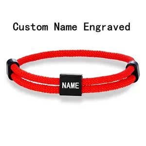 SOS Custom logo Name Engrave Text Adjustable Rope Bracelet Customize Stainless Steel Square ID Bracelets For Women Men