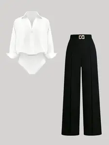 Women's Two-Piece Set Long Sleeve V-Neck Shirt Romper Bodysuit + High Waist Wide Leg Pants, Business Casual Style, 2 Piece