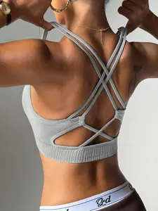 Women's Criss Cross Backless Sports Bra, Solid Color Breathable Comfortable Sports Bra, Ladies Sportswear for Indoor Outdoor Wear