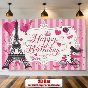 1pc 2D Flat Paris Party Banner, Reusable Polyester Party Decoration Supplies, Happy Birthday Photo Backdrop for Home, Rooftop Use