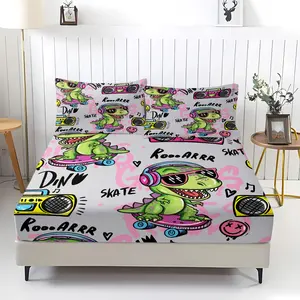 3 Pcs Musical Dinosaur Fitted Sheet Set, Skateboard Radio Printed Bedding, Premium Microfiber Fabric, High Stretch Designed for Easy Fit, Includes Sheet and Pillowcase, No Filler
