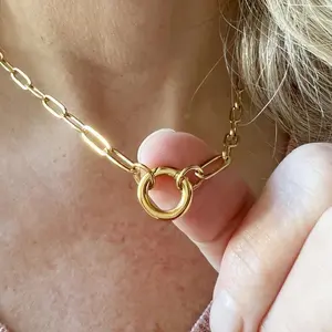 Stainless steel paperclip chain necklace with circle charm holder, extender, lobster clasp, waterproof, silvery, bracelet for women