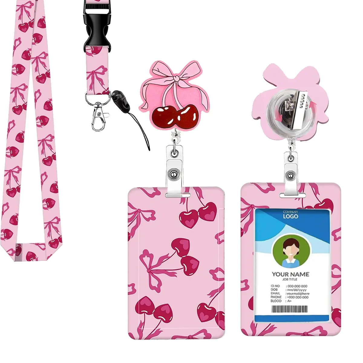Cherry Bow Badge Holder Set, Sweet Style ID Card Clip, Detachable Name Tag Lanyard, ID Badge Holder With Lanyard, Office Accessories, Office Supplies for Teachers Nurses Students, Nurse Badge Reel