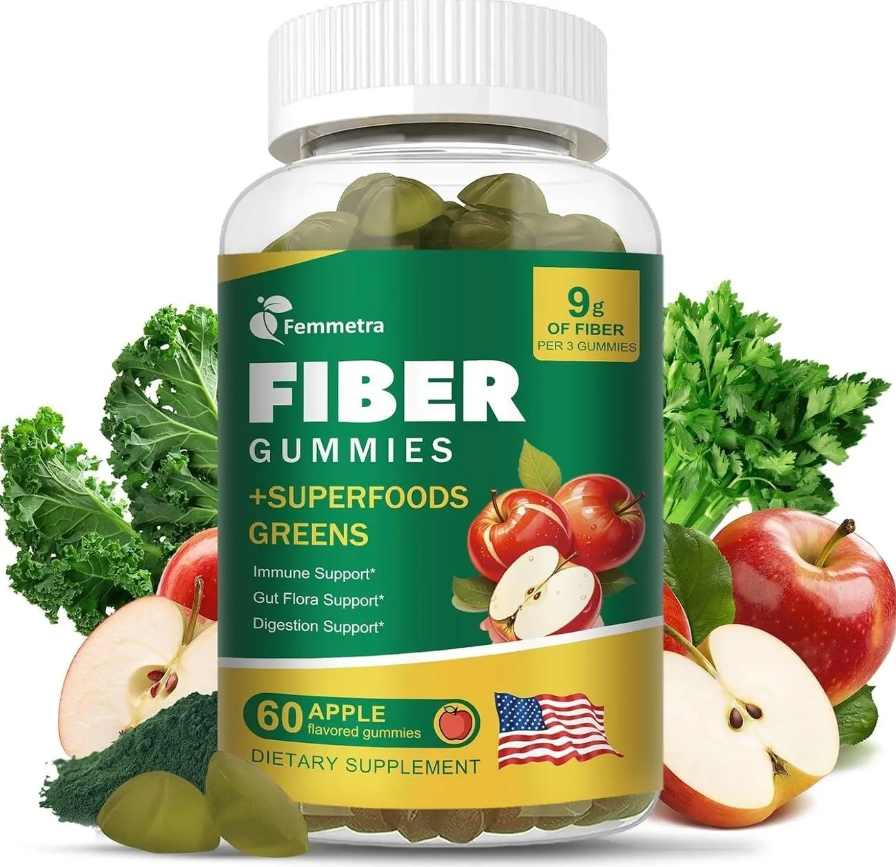 13-in-1 Prebiotic Fiber Gummies for Adults - Fiber Supplement for Women and Men with Greens Blend, Inulin & ACV for Digestive, Gut Health - Sugar Free, Apple Flavor, 60 Vegan Gummies