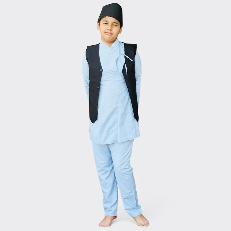 Nepali Traditional Men's Daura Surwal Set with Beige Shirt Black Vest & Hat Classic Nepalese Attire Matching Menswear for Festivals Clothes Costumes Outfit Lightweight