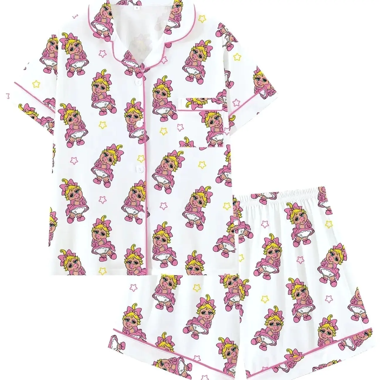Women's Cute Piggy Print Loose Loungewear Pajama Set, Short Sleeve Open Front Two-Piece Sleepwear, Cartoon Piggy Pajamas with Trim
