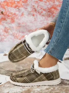 Women's Winter Plaid Slip-On Loafers, Slip On Style, Warm Fleece Lined Round Toe Lace-Up Shoes, Low Top Casual Fashion Footwear for Cold Weather