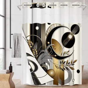 1PC/4PCS 2D Flat Printing Black Gold Geometric Wheat Pattern Patterned shower curtain, home bathroom decor, shower curtain set with 12 hooks, non-slip bathroom rug, U-shaped toilet seat cover, toilet seat mat.