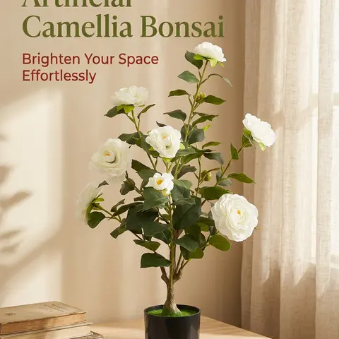23.6-in (60cm) Adjustable Potted Faux Camellia Tree - Low Maintenance Decorative Artificial Shrub with Realistic Blooms, Soft Flower Hues, Botanical Aesthetic, Floral Design for Indoor Living Room, Outdoor Porch/Front Door Home Decor