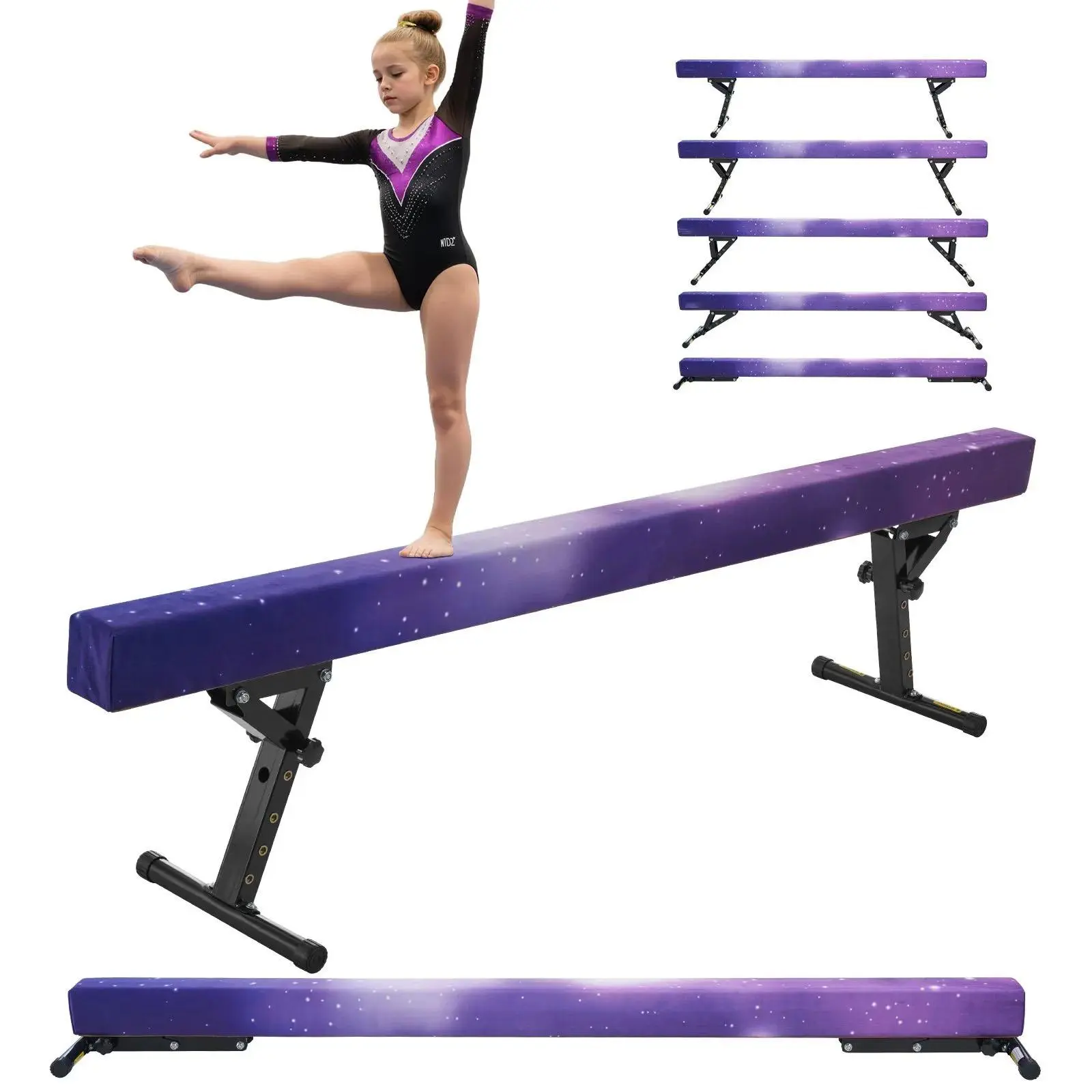 8FT Adjustable Gymnastics Balance Beam for Kids, 5 Height Levels Foldable Gymnastic Beam, Floor & Raised Dual Training Modes, Solid Wood EVA Non-Slip Suede Surface, Reinforced Carbon Steel Base Supports 350LBS, Gym Equipment for Home & Gym Center