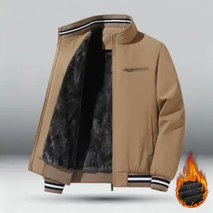Men's Casual Stand Collar Jacket, Striped Fleece Lined Warm Coat with Zipper Closure, Non-Stretch Fabric, Polyester Fiber Filling, Suitable for Outdoor Activities Menswear Tops