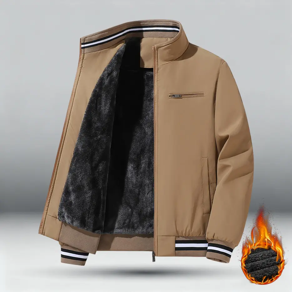 Men's Casual Stand Collar Jacket, Striped Fleece Lined Warm Coat with Zipper Closure, Non-Stretch Fabric, Polyester Fiber Filling, Suitable for Outdoor Activities Menswear Tops