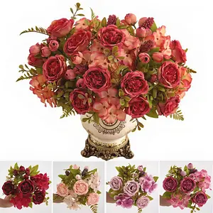 5 Bunches 6 Heads Retro Core Peony Artificial Flowers 35cm Silk Hydrangea Fake Flower Bouquet Faux Floral Arrangement for Wedding Centerpieces Home Table Party Bedroom Garden Patio Farmhouse Decoration