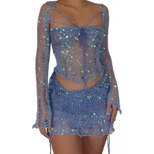 Women's Hollow Out Skirt Matching Set Long Sleeve Cardigan Jacket Bralette Crop Top Crochet Skirt Three Piece Suit