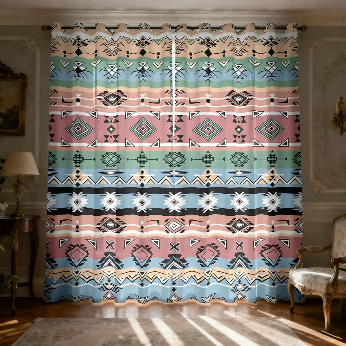 2-piece Bohemian national curtain geometric diamond geometric print filter translucent curtain suitable for machine washable decorative curtains in living room, bedroom, kitchen, etc.