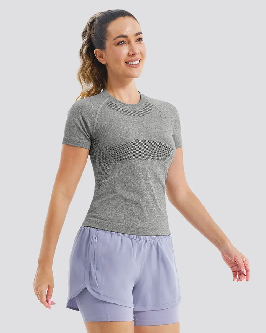 Women's Seamless Round Neck Shortsleeve Dry Fit Yoga Top - 4-Way Stretch, Breathable, Moisture-Wick, Cooling, Fitted Solid Color Sportswear for Fitness, Athleisure, Gym Use (Sporty Round Neck Athletic T-Shirt)