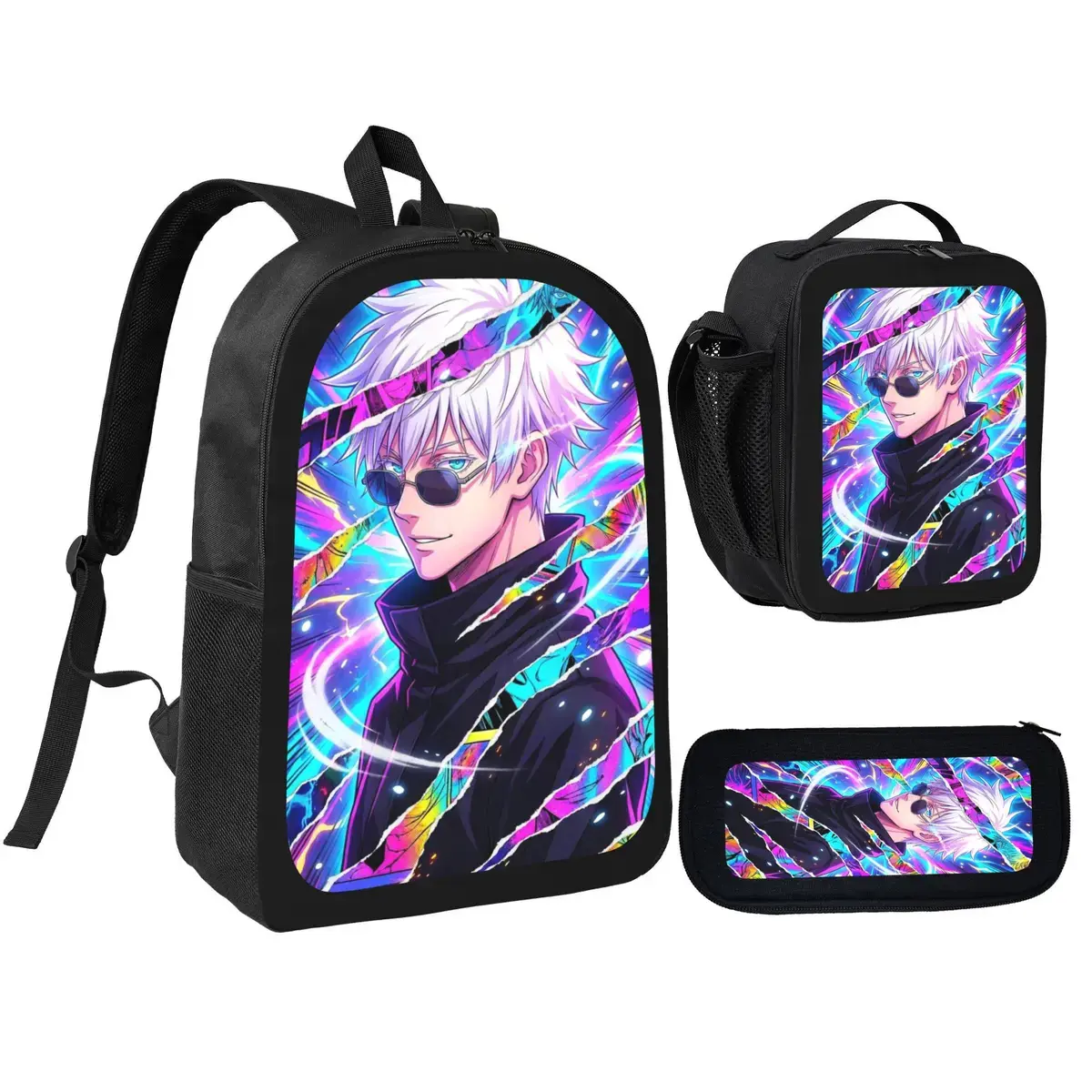 3pcs Unisex Large Capacity Jujutsu Kaisen Gojo Satoru Backpack, Cool Anime school bag set for girls boys, Adjustable Shoulder Straps, Casual, Daily Backpack, Lunch Bag, and Pencil Case, Perfect Gift