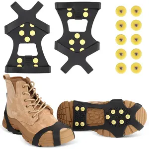 Ice Cleats for Boots Shoes, Ice Shoe Grips Anti Slip for Men Women, Rubber Snow Cleats, Spikes Crampons for Hiking Boots and Shoes + 10 Extra Replacement Studs (S, M, L, XL)