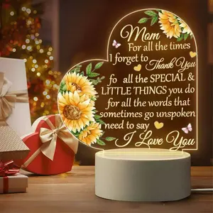 2D Flat Plane Acrylic LED Night Light, Heart Sunflower Sentimental Acrylic Plaque, Thank You Mom Inspirational Desk Bedside Lamp, Personalized Desktop Decor Mother's Day Birthday Present Gift for Mom Mother