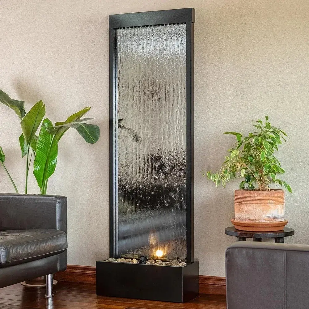 HOME.Tools.Mirror Waterfall Fountain with Stones and Lights - Zen Indoor/Outdoor Decor for Office, Living Room, Patio, Entryway