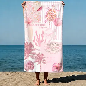 Florida Vacation Pastel Collage Beach Towel | Cute Sea Turtle & Palm Tree Sand-Free Microfiber Towel